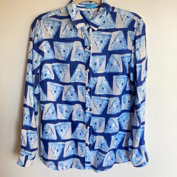 J McLaughlin Womens XS Blue 100% Linen Print Button Down Shirt Beachy Coastal - Picture 1 of 9
